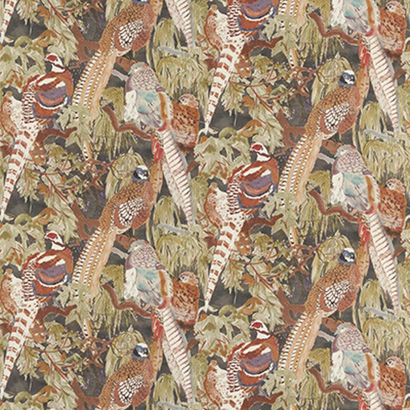 Game Birds Linen Charcoal by Mulberry Fabric