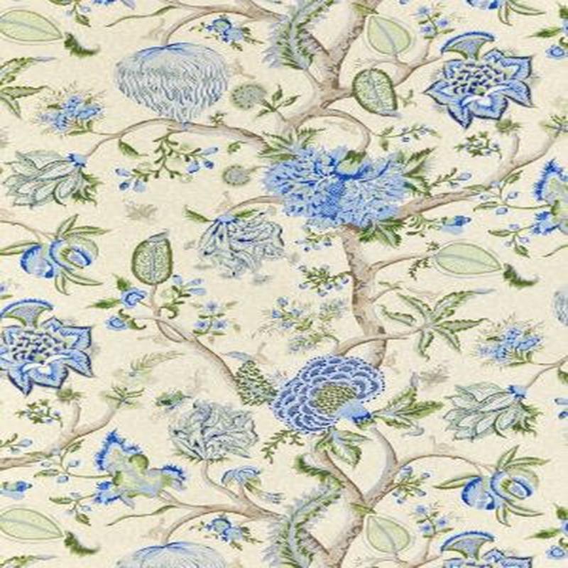 Scalamandre Fabric Pondicherry Cotton Print Blue, Green On Cream