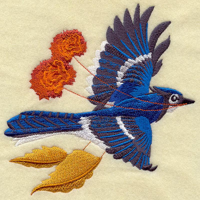Flying Bluejay with Autumn Leaves and Flowers