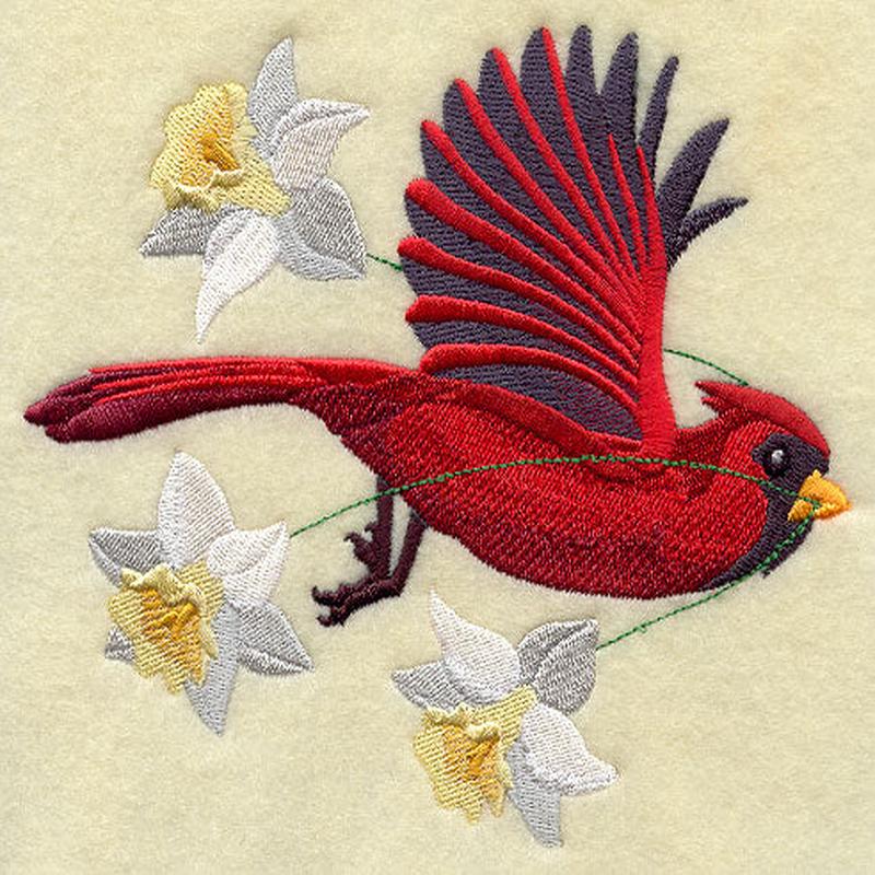 Flying Cardinal with Daffodils