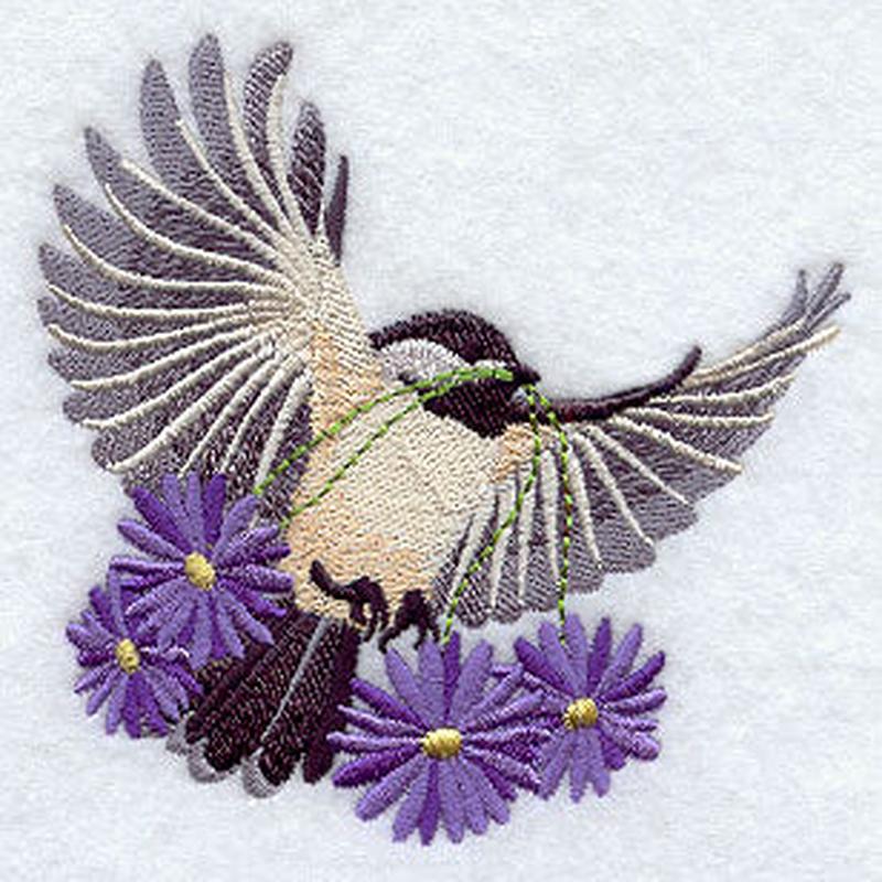 Flying Chickadee with Daisies