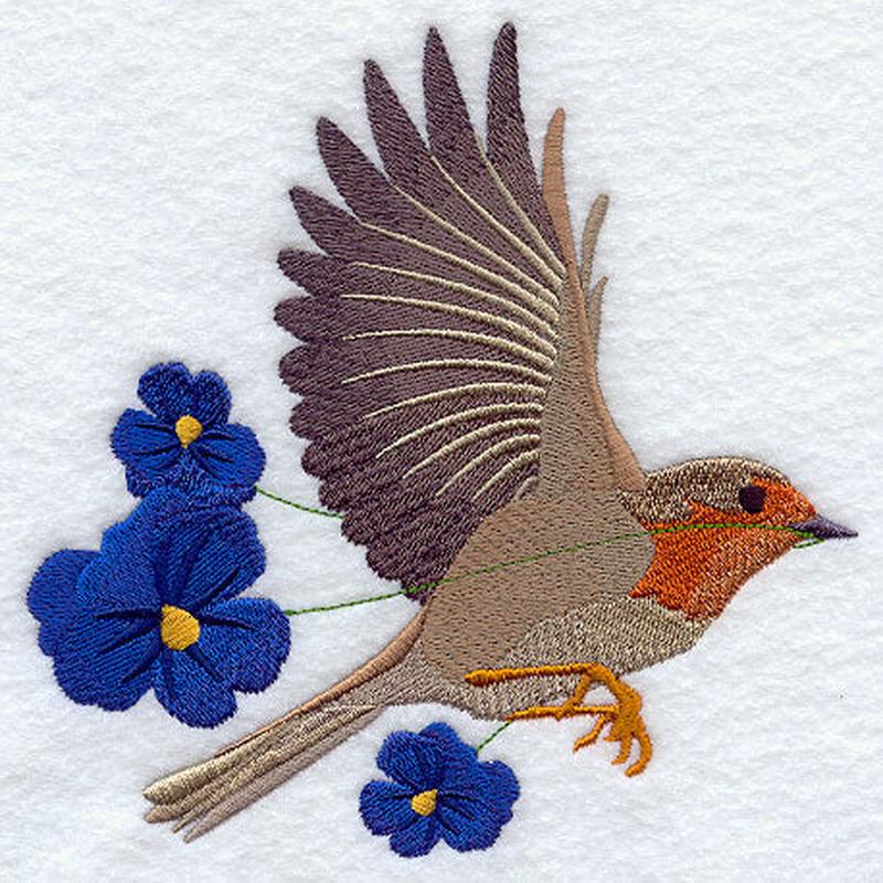 Flying European Robin with Pansies