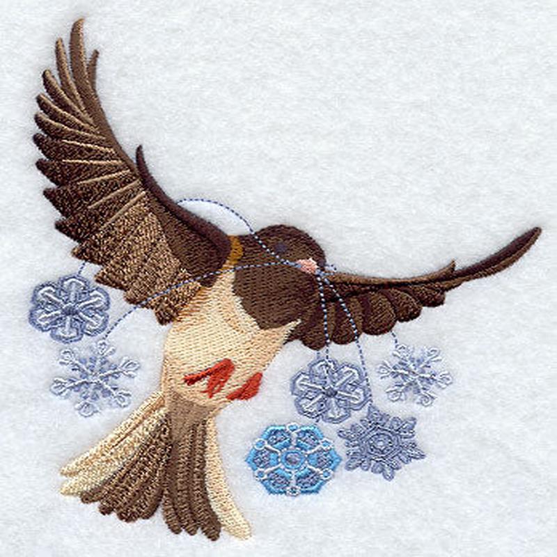 Flying Junco with Snowflakes