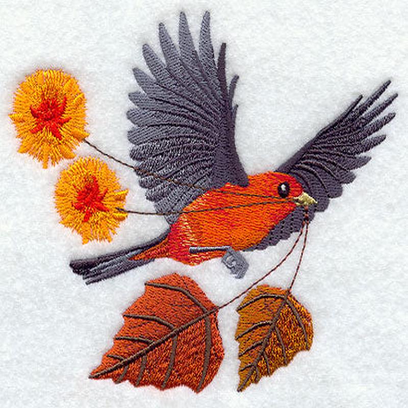 Flying Scarlet Tanager with Autumn Leaves and Flowers