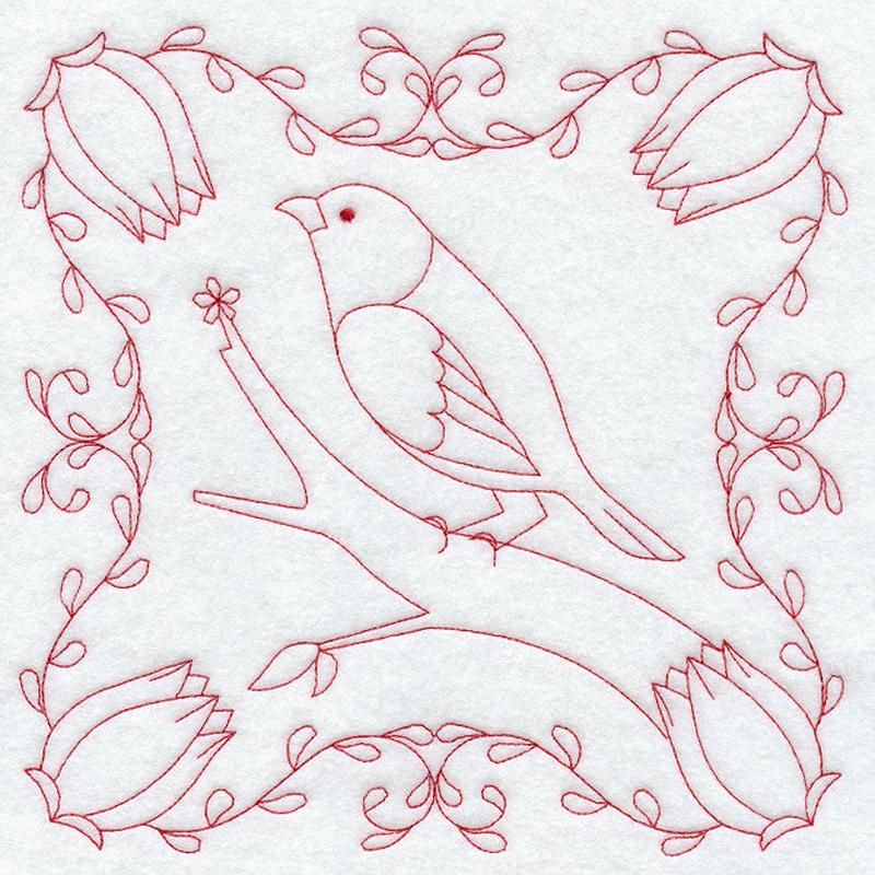 Finch and Flowers (Redwork)