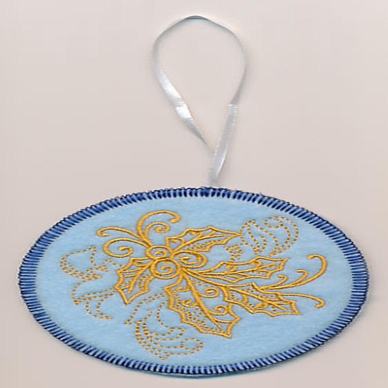 Filigree Christmas Holly Ornament (Goldwork) (In-the-Hoop)