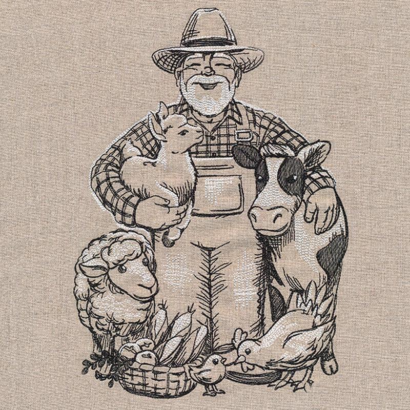 Farmer and Barnyard Friends Etching