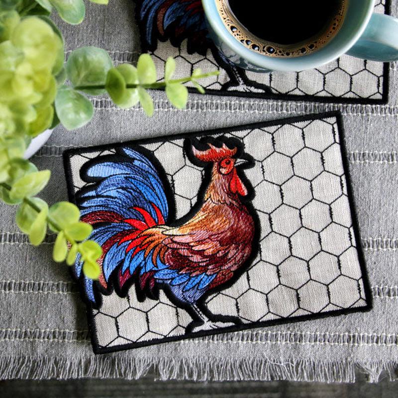 Farmhouse Rooster Mug Rug (In-the-Hoop)