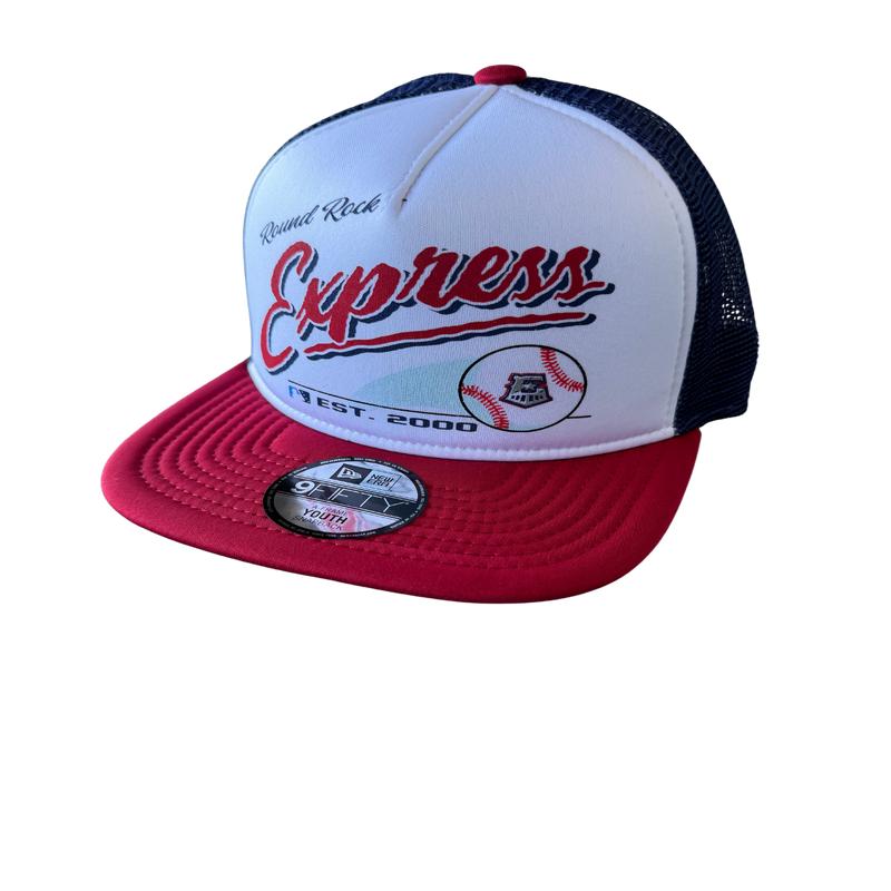 Round Rock Express New Era Youth White/Navy Mesh Retro Script 950