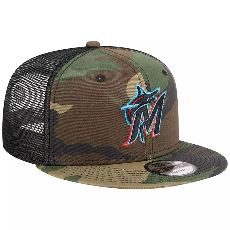 New Era Miami Marlins Woodland Camo Trucker 9FIFTY Snapback Hat-Camo