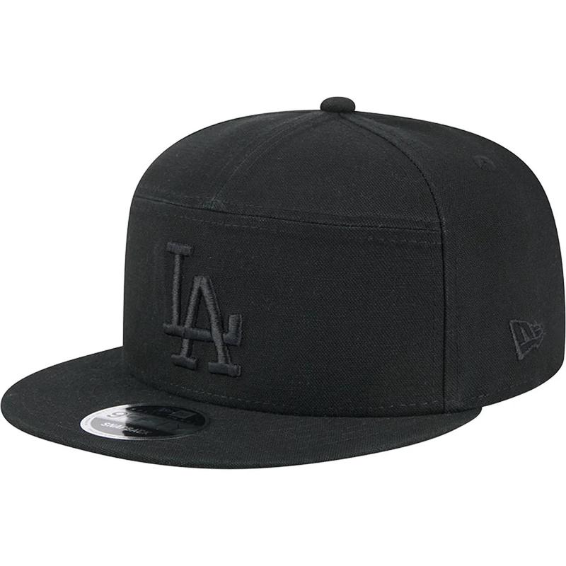 New Era Los Angeles Dodgers Cotton Canvas 9FIFTY Split Panel Trucker Hat-Black/Black