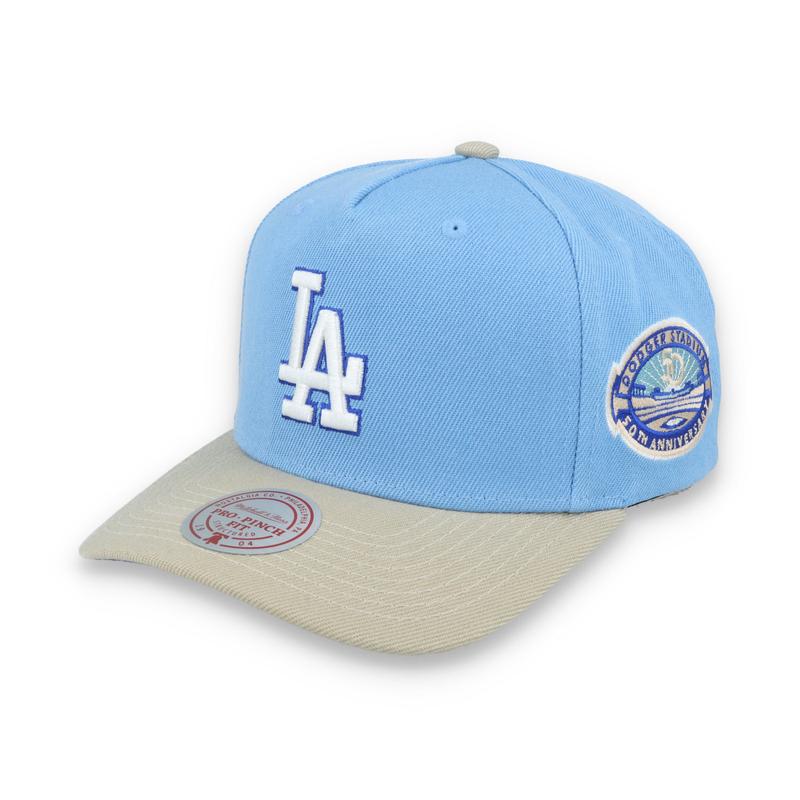 Mitchell & Ness Los Angeles Dodgers 50th Anniversary Side Patch Pro Pitch Snapback Hat-Light Blue/Beige